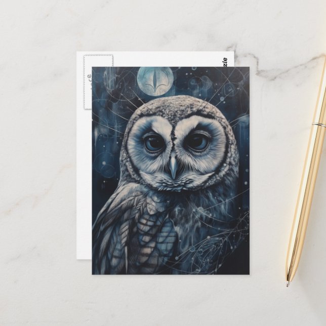 Schneeeule bei Vollmond im Winter Postkarte (Vorderseite/Rückseite Beispiel)