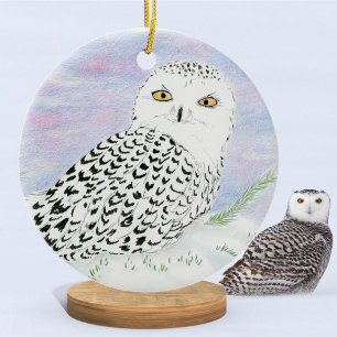 Schneeeule im Winteruntergang Farbiger Bleistift Keramik Ornament