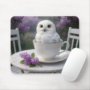 Schneeeule in einer Teetasse mit Flieder Mousepad
