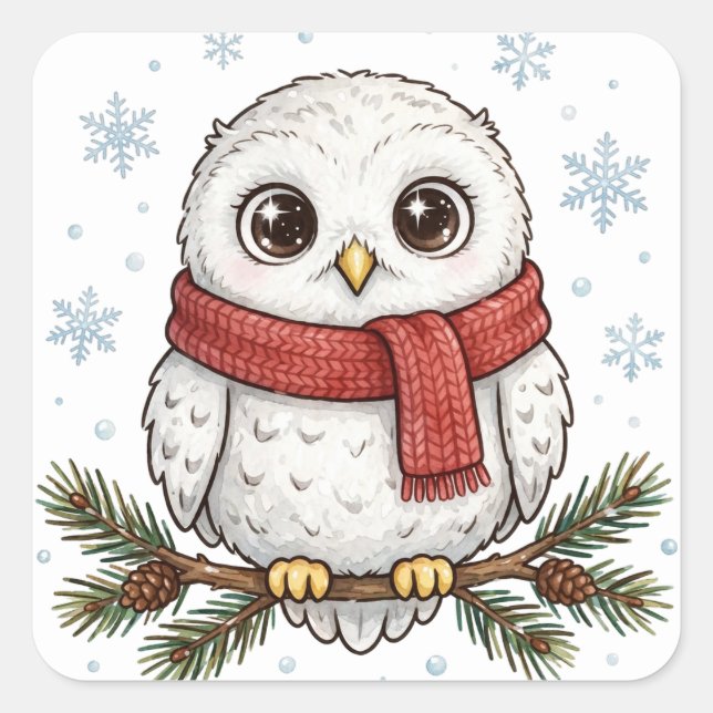 Schneeeule Roter Schal Winter Aufkleber (Vorderseite)