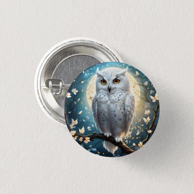 Schneeeule und Mond mit Funkeln, Button (Vorne & Hinten)