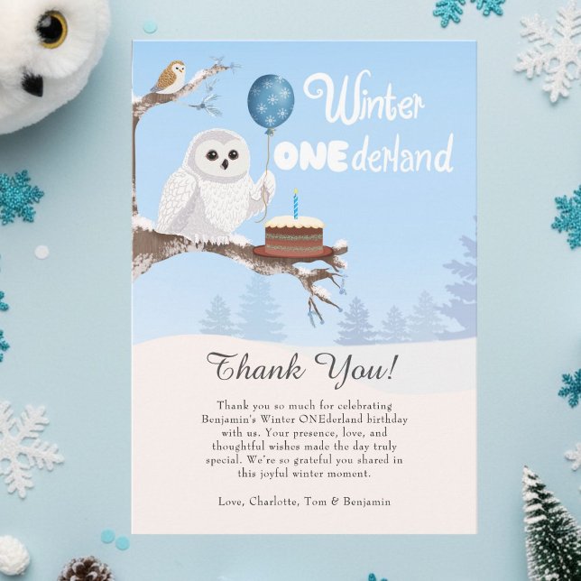 Schneeeule Winter Onederland Geburtstag  Dankeskarte (Von Creator hochgeladen)