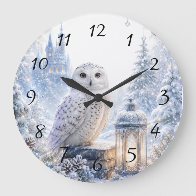 Schneeeulen-Winterzauber Große Wanduhr (Vorderseite)