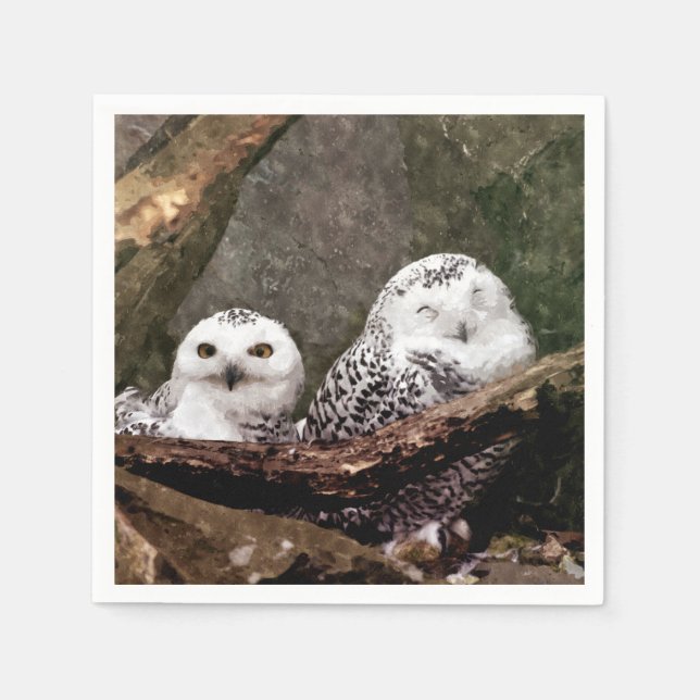 Schneeeulenpaar Waldlandschaft Wildlife-Kunst Serviette (Vorderseite)