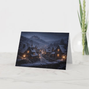 Schneefall-Dorf-Schloss-Weihnachtskarte Feiertagskarte