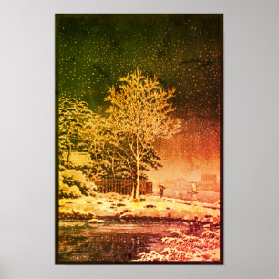 Schneefall in Feudal Japan am Sumida River Ukiyo Poster