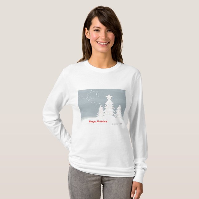 Schneefall und Pinienbäume - "Happy Holidays" T-Shirt (Vorne ganz)