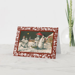 Schneefamilie am Heiligen Abend - eine Vintage-Kar Feiertagskarte