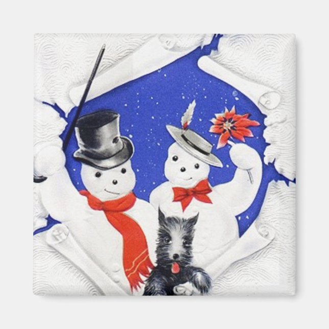 Schneefamilie & Hund Vintag Magnet (Vorne)