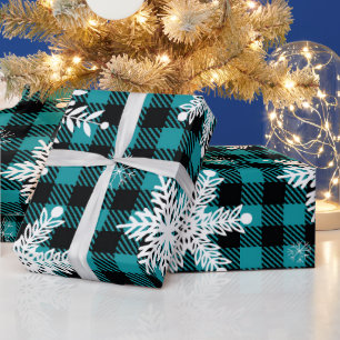 Schneeflocke Aquamarin Black Kariert Wrapping Pape Geschenkpapier