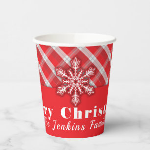 Schneeflocke auf Red Retro Weihnachten Kariert Pappbecher