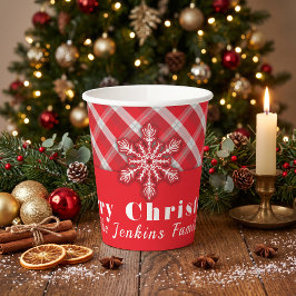 Schneeflocke auf Red Retro Weihnachten Kariert Pappbecher