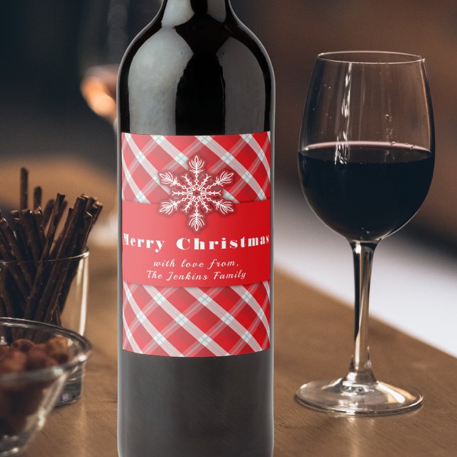 Schneeflocke auf Red Retro Weihnachten Kariert Weinetikett (Von Creator hochgeladen)
