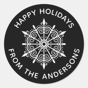 Schneeflocke Elegant Schwarz Weiß Winter Weihnacht Runder Aufkleber