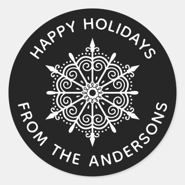 Schneeflocke Elegante Schwarz-weiße Weihnachten Runder Aufkleber (Vorderseite)
