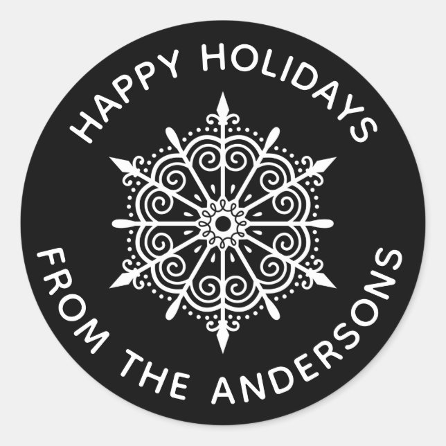 Schneeflocke Elegante Schwarz-weiße Weihnachten Runder Aufkleber (Vorderseite)