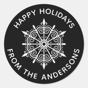 Schneeflocke Elegante Schwarz-weiße Weihnachten Runder Aufkleber