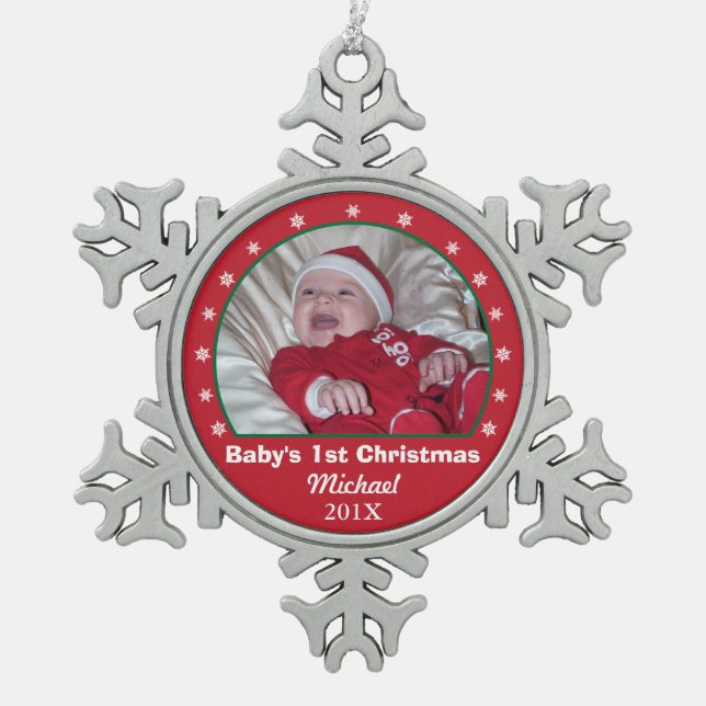 Schneeflocke-Foto-Verzierung des Babys erste Schneeflocken Zinn-Ornament (Vorderseite)