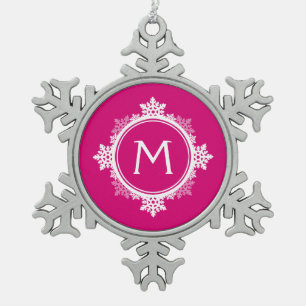 Schneeflocke-Kranz-Monogramm in pinkfarbenem rosa Schneeflocken Zinn-Ornament