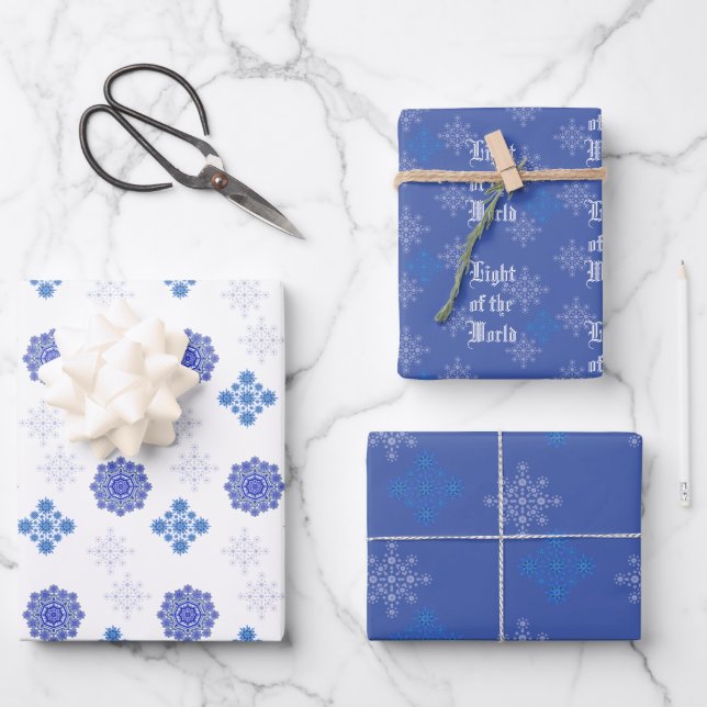 Schneeflocke Licht der Welt Christlich Blue Geschenkpapier Set (Vorderseite)