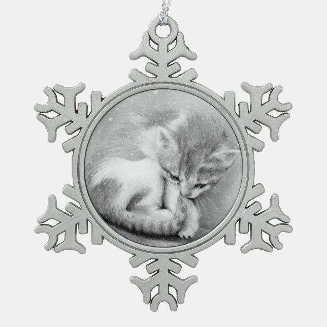 Schneeflocke-Miezekatze-Weihnachtsverzierung Schneeflocken Zinn-Ornament (Vorderseite)