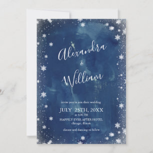 Schneeflocke Navy Blau Wasserfarbe Winterhochzeit Einladung