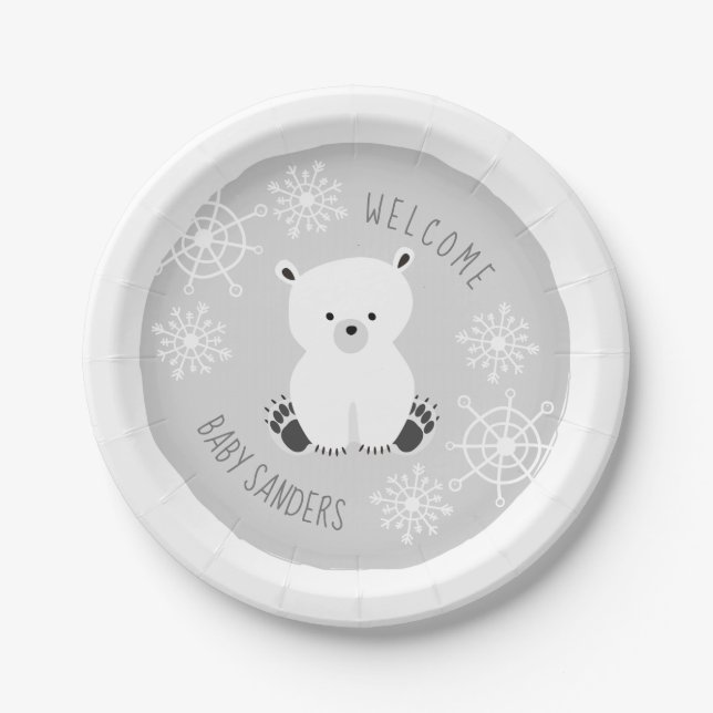 Schneeflocke neutrale graue Babydusche Pappteller (Vorderseite)