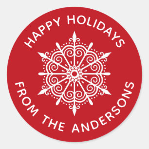 Schneeflocke Rot Weiß Einfacher Weihnachtsaufklebe Runder Aufkleber