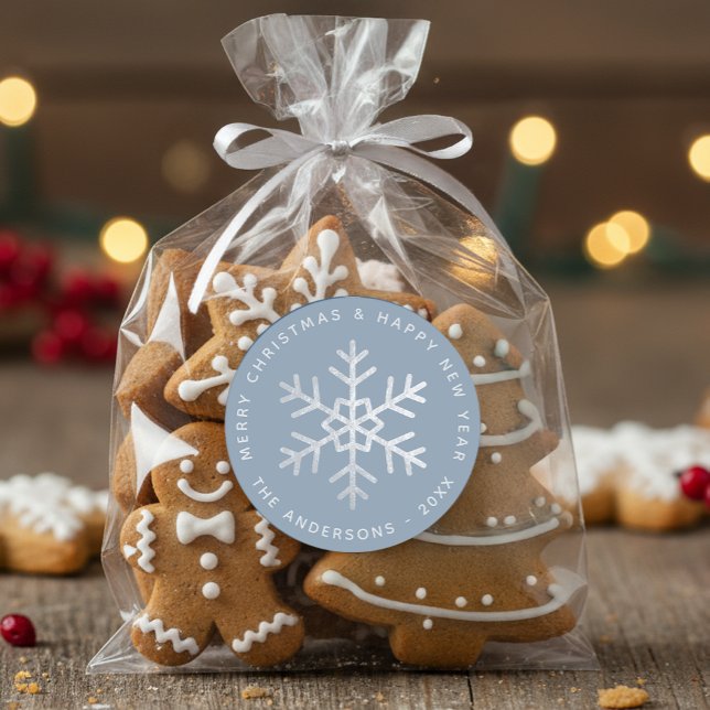 Schneeflocke Weihnachten Staubblau Elegant Faux Si Runder Aufkleber (Von Creator hochgeladen)