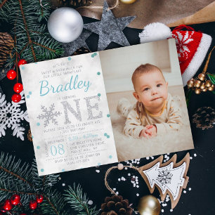 Schneeflocke Winter 1. Geburtstagsfoto Echt Folieneinladung