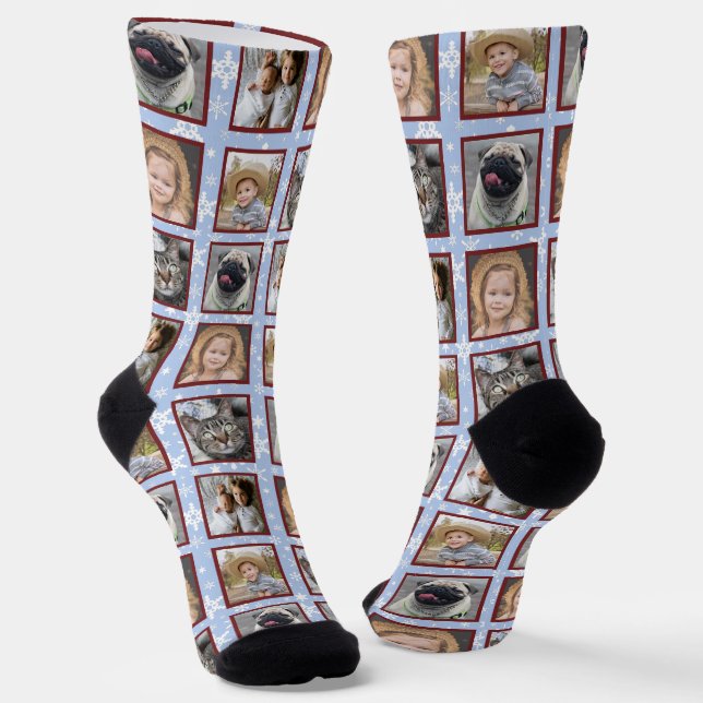 Schneeflocken 5 Custom Family Foto Collage Blue Ea Socken (Gewinkelt)