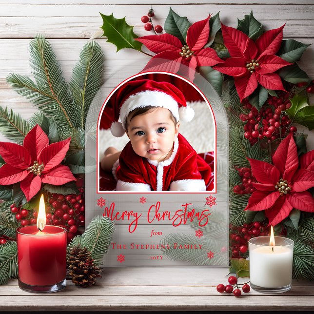 Schneeflocken Arched Foto Frohe Weihnachtsgrüße Acryleinladungen (Snowflakes Simple Modern Arched Photo "Merry Christmas" Family Greeting Acrylic Card)