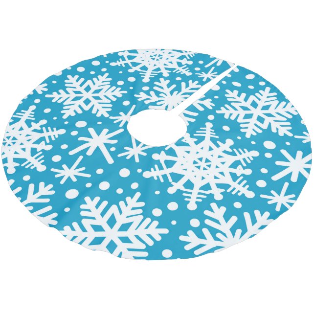 Schneeflocken auf Aqua Blue Polyester Weihnachtsbaumdecke (Schrägansicht)