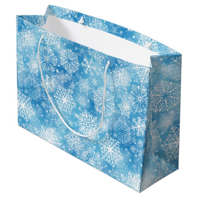 Schneeflocken auf blau große geschenktüte (Rückseite Schrägansicht)