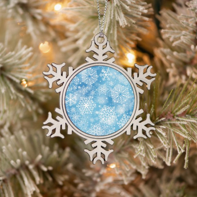 Schneeflocken auf blau Zinn-Ornament (Baum)
