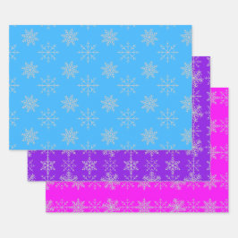Schneeflocken auf blauem, Lila und rosafarbenem Se Geschenkpapier Set