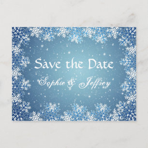 Schneeflocken auf Blauem Save the Date wedding Ankündigungspostkarte