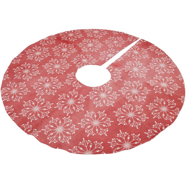 Schneeflocken auf dem Roten Holiday Tree Skirt Polyester Weihnachtsbaumdecke (Schrägansicht)