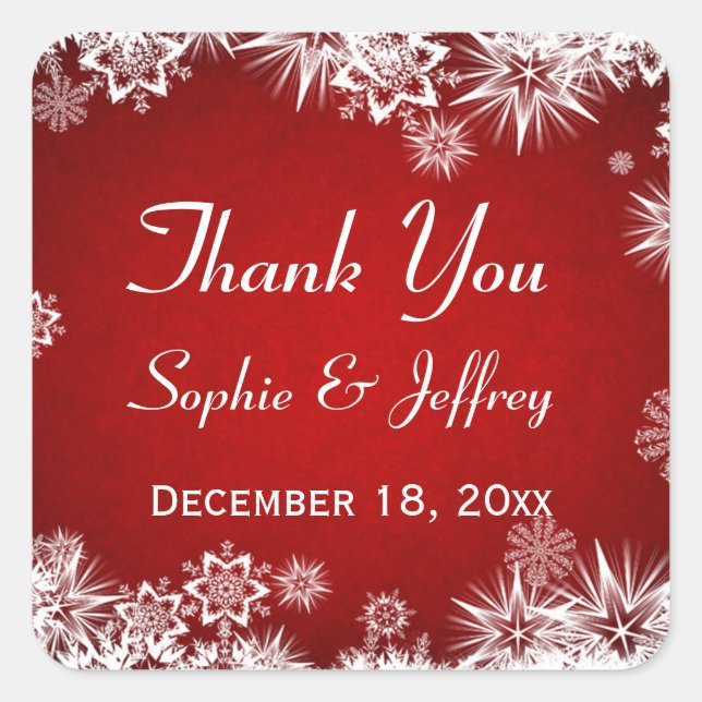 Schneeflocken auf der roten Hochzeit Danke Quadratischer Aufkleber (Vorderseite)