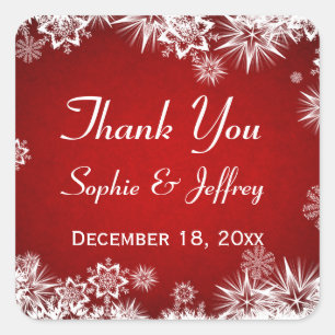 Schneeflocken auf der roten Hochzeit Danke Quadratischer Aufkleber
