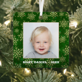 Schneeflocken auf grünem Foto Ornament Aus Metall