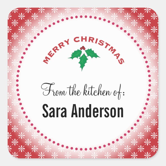 Schneeflocken auf Rot, Weihnachtsgebäck Quadratischer Aufkleber (Vorderseite)