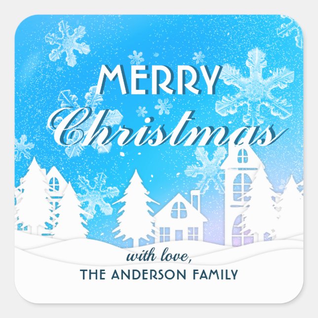 Schneeflocken aus dem blauen Weißen Haus Weihnacht Quadratischer Aufkleber (Vorderseite)