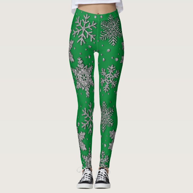 Schneeflocken aus silberfarbenem Glitzer Leggings (Vorderseite)