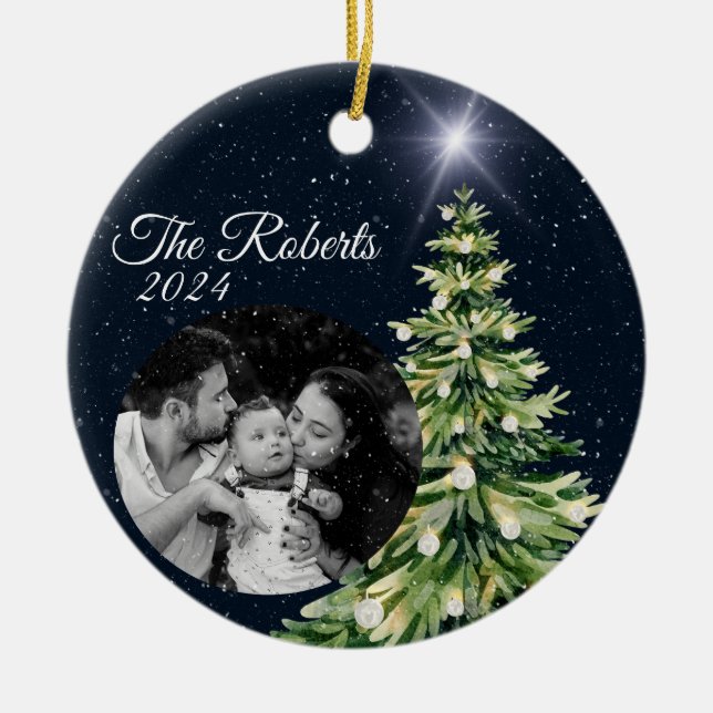 Schneeflocken & Bäume Wintergarten Elegantes Navy  Keramik Ornament (Vorne)