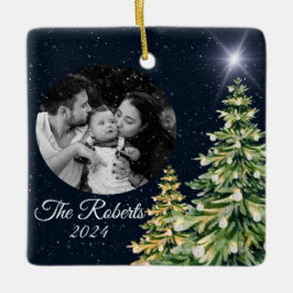 Schneeflocken & Bäume Wintergarten Elegantes Navy Keramikornament