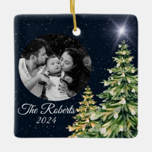 Schneeflocken & Bäume Wintergarten Elegantes Navy Keramikornament
