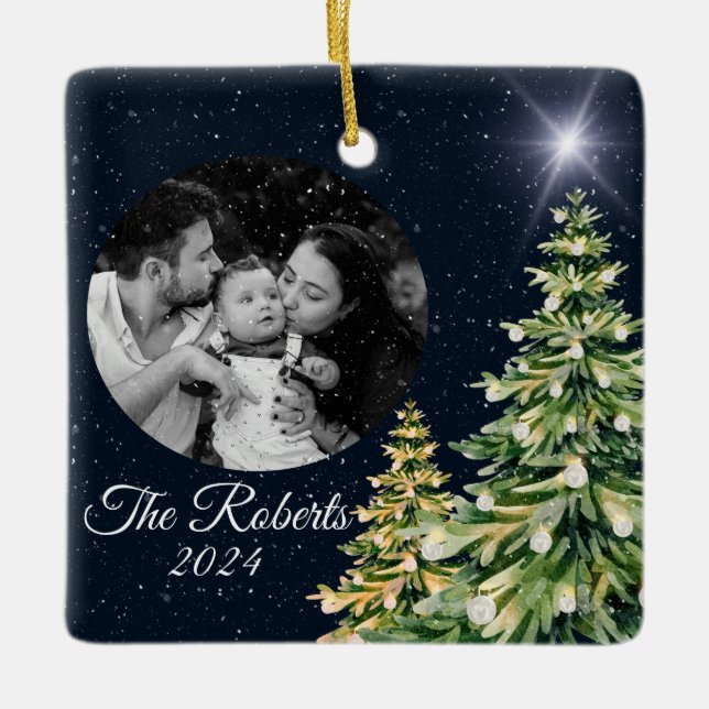 Schneeflocken & Bäume Wintergarten Elegantes Navy  Keramikornament (Vorderseite)