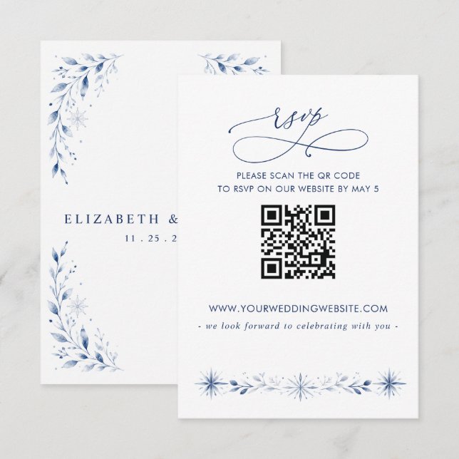 Schneeflocken Blaue Winterhochzeit QR CODE RSVP Karte (Vorne/Hinten)
