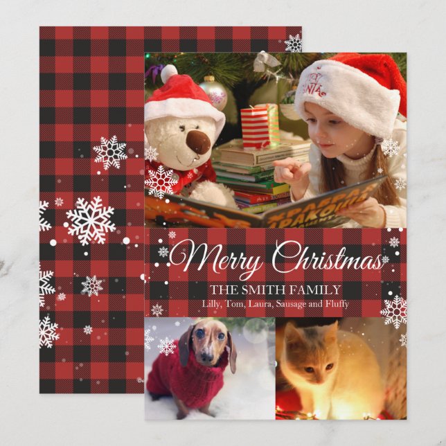 Schneeflocken & Buffalo Kariert 3 Foto Weihnachtsk Einladung (Vorne/Hinten)